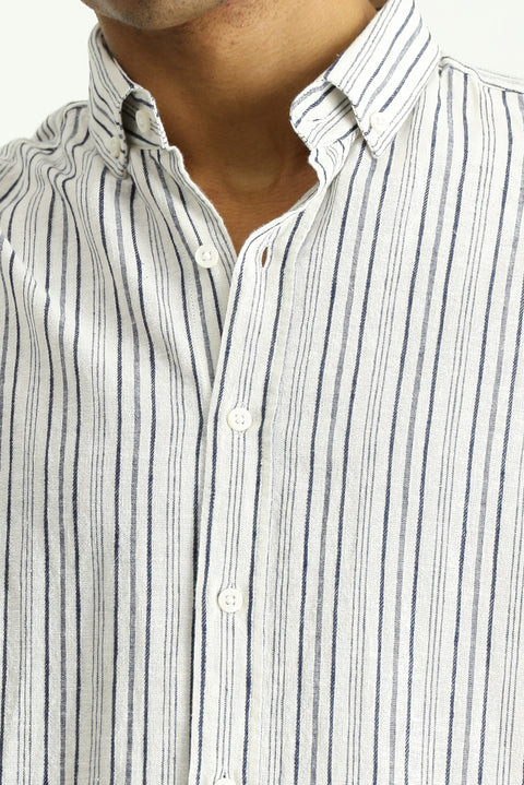 Koyu Lacivert Uzun Kol Slim Fit Dar Kesim Çizgili Spor Keten Karışımlı Pamuklu Düğmeli Yaka Gömlek