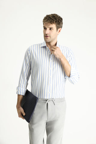  Koyu Mavi  Uzun Kol Slim Fit Dar Kesim Çizgili Spor Keten Karışımlı Pamuklu Gömlek