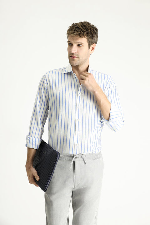 Koyu Mavi  Uzun Kol Slim Fit Dar Kesim Çizgili Spor Keten Karışımlı Pamuklu Gömlek
