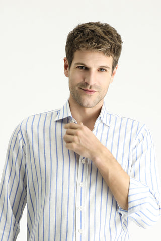  Koyu Mavi  Uzun Kol Slim Fit Dar Kesim Çizgili Spor Keten Karışımlı Pamuklu Gömlek