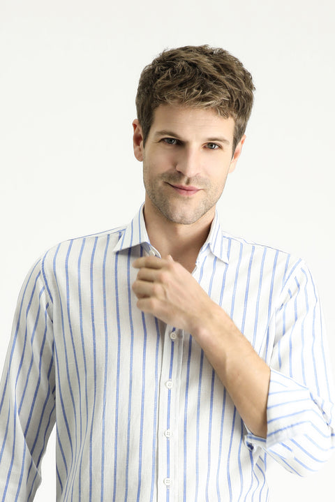 Koyu Mavi  Uzun Kol Slim Fit Dar Kesim Çizgili Spor Keten Karışımlı Pamuklu Gömlek