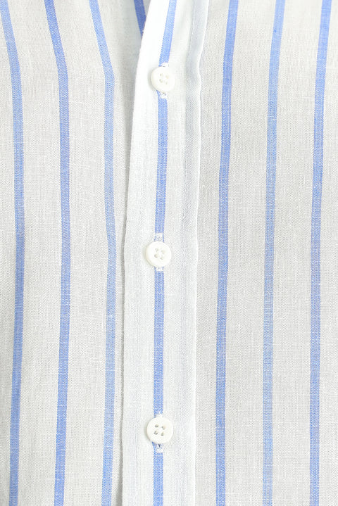 Koyu Mavi  Uzun Kol Slim Fit Dar Kesim Çizgili Spor Keten Karışımlı Pamuklu Gömlek