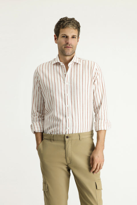 Taba Uzun Kol Slim Fit Dar Kesim Çizgili Spor Keten Gömlek