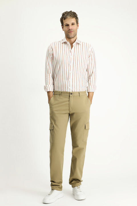 Taba Uzun Kol Slim Fit Dar Kesim Çizgili Spor Keten Gömlek