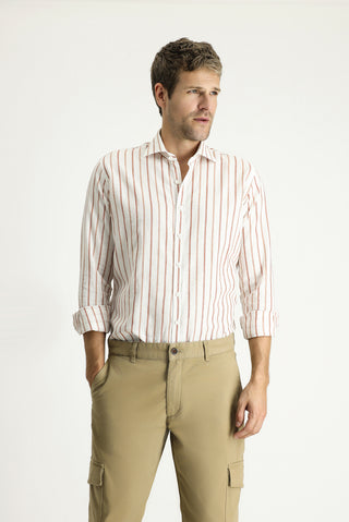  Taba Uzun Kol Slim Fit Dar Kesim Çizgili Spor Keten Gömlek