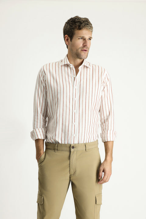 Taba Uzun Kol Slim Fit Dar Kesim Çizgili Spor Keten Gömlek