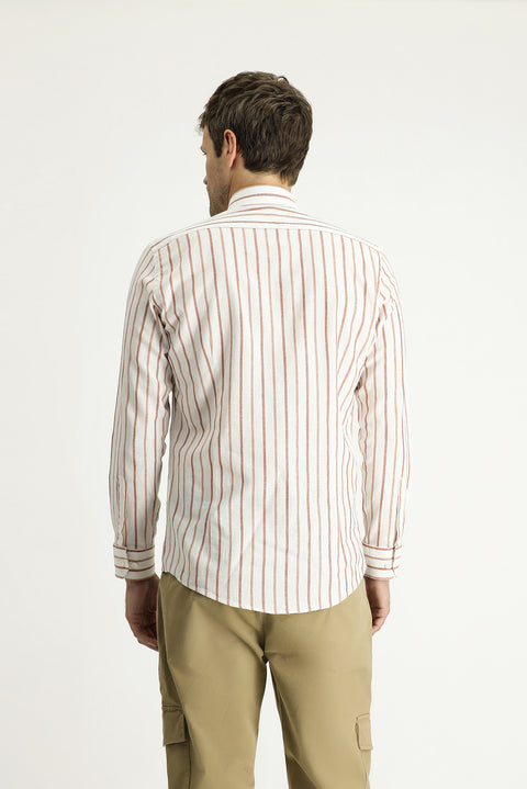 Taba Uzun Kol Slim Fit Dar Kesim Çizgili Spor Keten Gömlek