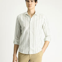 Mint Yeşili Uzun Kol Slim Fit Dar Kesim Çizgili Spor Keten Karışımlı Pamuklu Gömlek
