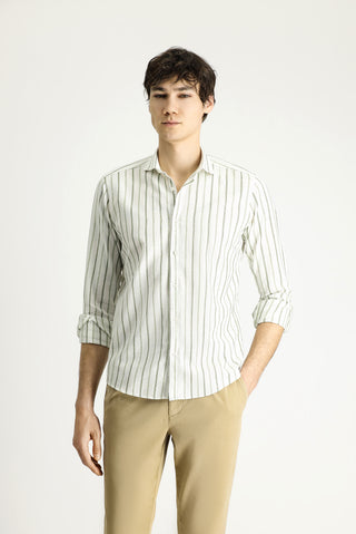  Mint Yeşili Uzun Kol Slim Fit Dar Kesim Çizgili Spor Keten Karışımlı Pamuklu Gömlek