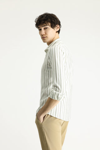  Mint Yeşili Uzun Kol Slim Fit Dar Kesim Çizgili Spor Keten Karışımlı Pamuklu Gömlek