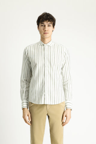  Mint Yeşili Uzun Kol Slim Fit Dar Kesim Çizgili Spor Keten Karışımlı Pamuklu Gömlek