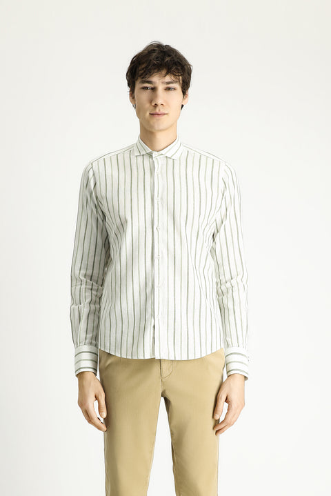 Mint Yeşili Uzun Kol Slim Fit Dar Kesim Çizgili Spor Keten Karışımlı Pamuklu Gömlek