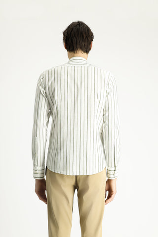  Mint Yeşili Uzun Kol Slim Fit Dar Kesim Çizgili Spor Keten Karışımlı Pamuklu Gömlek