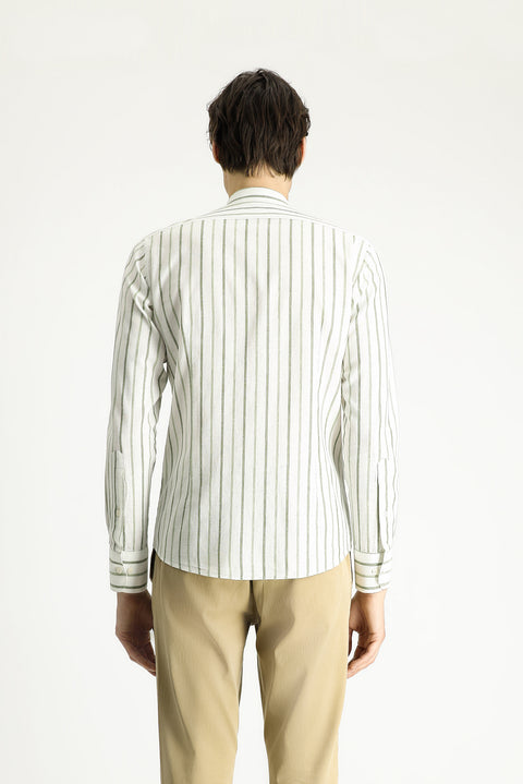 Mint Yeşili Uzun Kol Slim Fit Dar Kesim Çizgili Spor Keten Karışımlı Pamuklu Gömlek