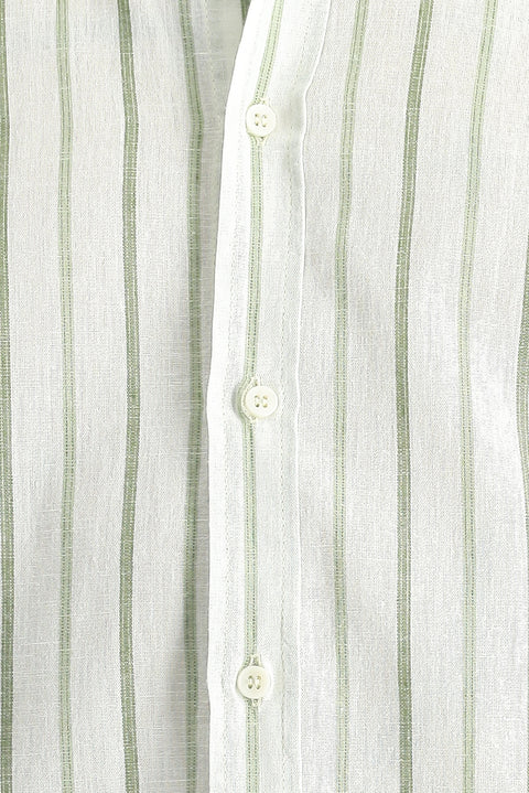 Mint Yeşili Uzun Kol Slim Fit Dar Kesim Çizgili Spor Keten Karışımlı Pamuklu Gömlek