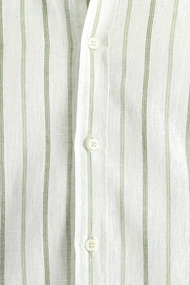 Mint Yeşili Uzun Kol Slim Fit Dar Kesim Çizgili Spor Keten Karışımlı Pamuklu Gömlek