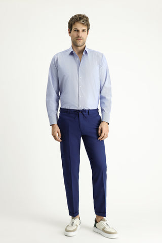  Lacivert Uzun Kol Klasik Çizgili Pamuklu Kolay Ütülenebilir Gömlek