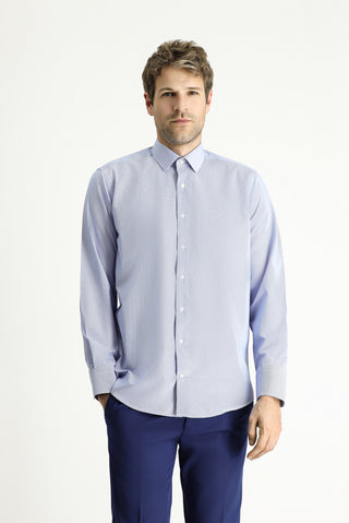  Lacivert Uzun Kol Klasik Çizgili Pamuklu Kolay Ütülenebilir Gömlek