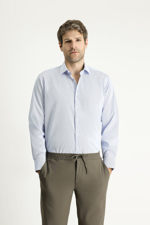 Mavi Uzun Kol Klasik Çizgili Pamuklu Kolay Ütülenebilir Gömlek