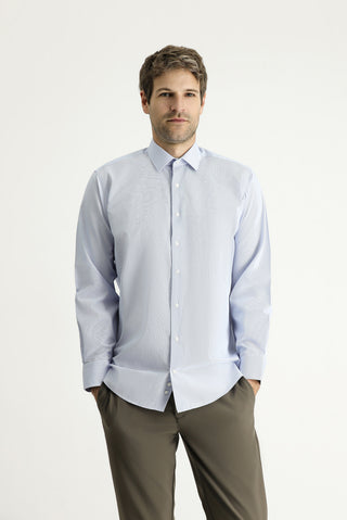  Mavi Uzun Kol Klasik Çizgili Pamuklu Kolay Ütülenebilir Gömlek