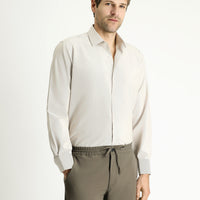 Açık Vizon Uzun Kol Klasik Çizgili Pamuklu Kolay Ütülenebilir Gömlek