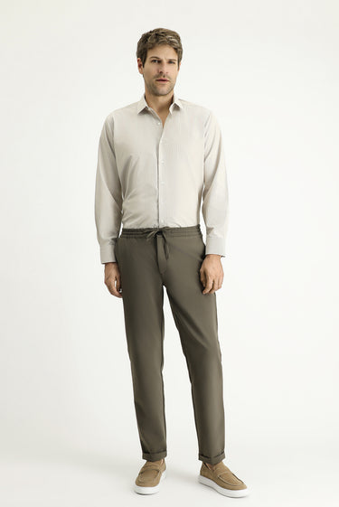 Açık Vizon Uzun Kol Klasik Çizgili Pamuklu Kolay Ütülenebilir Gömlek