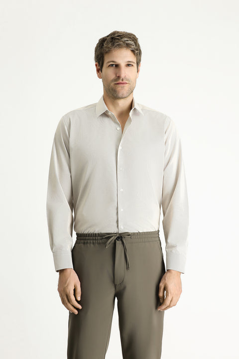 Açık Vizon Uzun Kol Klasik Çizgili Pamuklu Kolay Ütülenebilir Gömlek