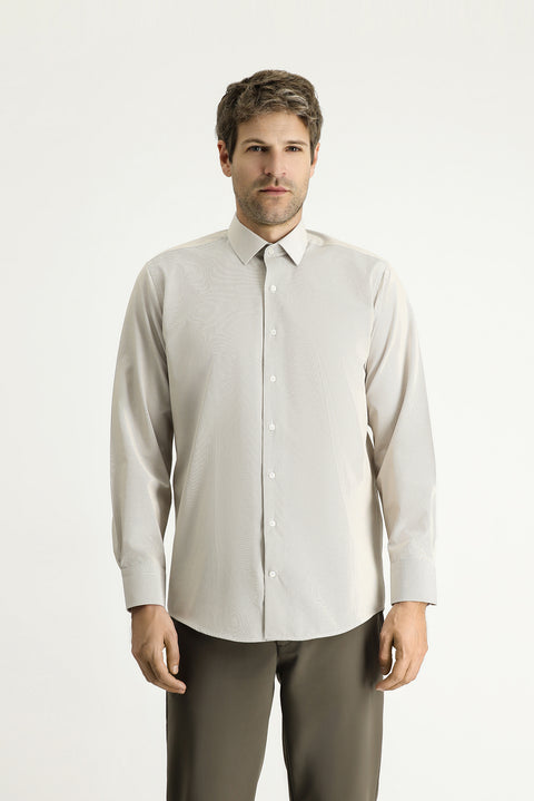 Açık Vizon Uzun Kol Klasik Çizgili Pamuklu Kolay Ütülenebilir Gömlek