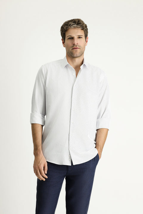 Açık Lacivert Uzun Kol Klasik Çizgili Pamuklu Kolay Ütülenebilir Gömlek