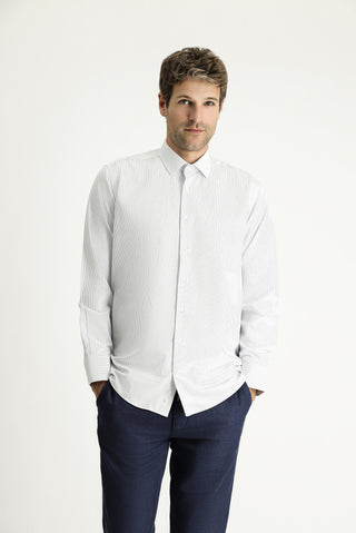  Açık Lacivert Uzun Kol Klasik Çizgili Pamuklu Kolay Ütülenebilir Gömlek