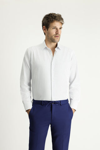  Mavi Uzun Kol Klasik Çizgili Pamuklu Kolay Ütülenebilir Gömlek