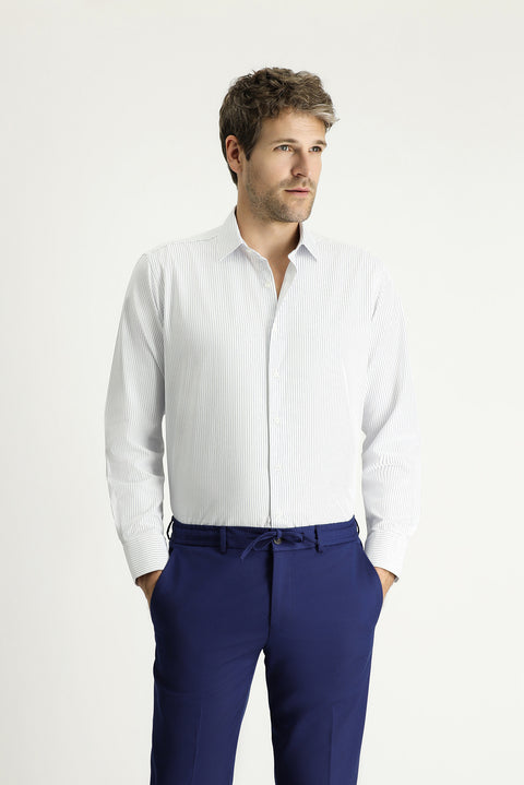 Mavi Uzun Kol Klasik Çizgili Pamuklu Kolay Ütülenebilir Gömlek