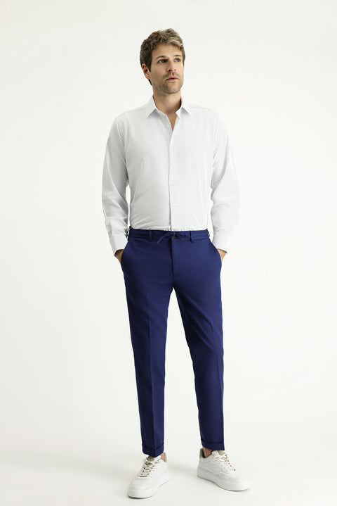 Mavi Uzun Kol Klasik Çizgili Pamuklu Kolay Ütülenebilir Gömlek