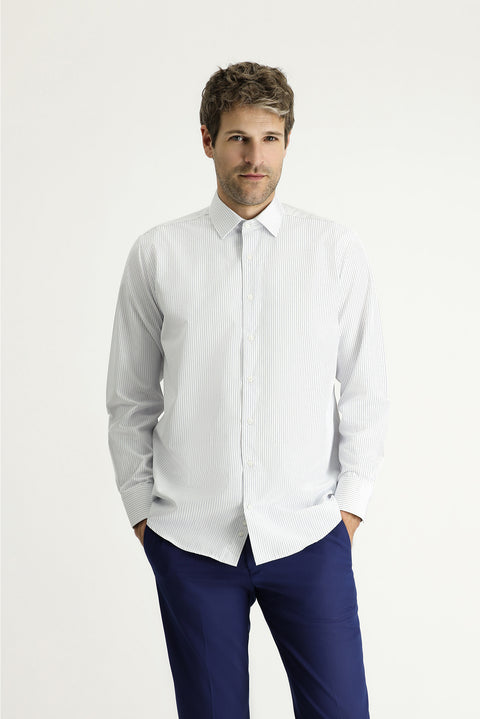 Mavi Uzun Kol Klasik Çizgili Pamuklu Kolay Ütülenebilir Gömlek