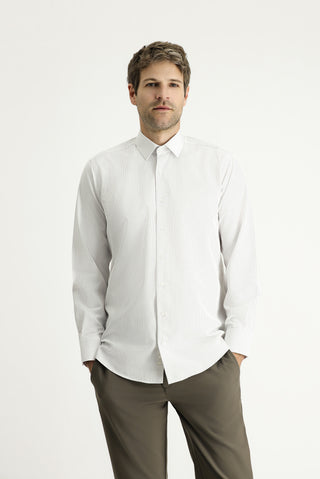  Açık Vizon Uzun Kol Klasik Çizgili Pamuklu Kolay Ütülenebilir Gömlek