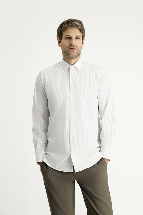 Açık Vizon Uzun Kol Klasik Çizgili Pamuklu Kolay Ütülenebilir Gömlek