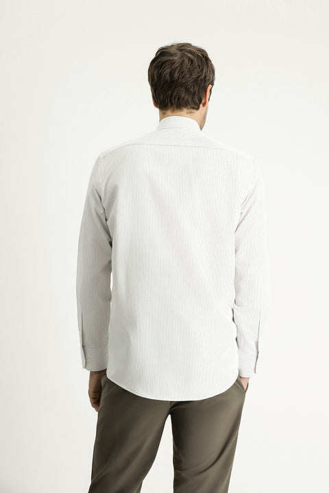 Açık Vizon Uzun Kol Klasik Çizgili Pamuklu Kolay Ütülenebilir Gömlek