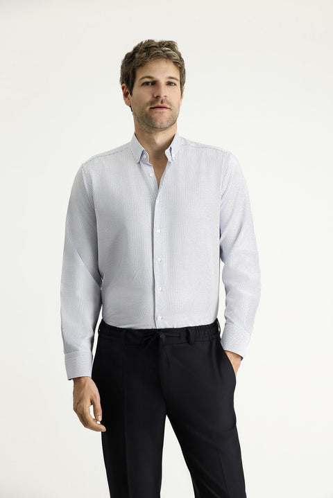 Dark Blue Long Sleeve Classic Striped Cotton Easy-Iron Shirt