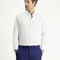 Koyu Mavi  Uzun Kol Klasik Çizgili Pamuklu Kolay Ütülenebilir Gömlek