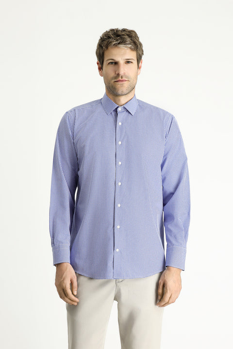 Lacivert Uzun Kol Regular Fit Ekose Pamuklu Kolay Ütülenebilir Gömlek