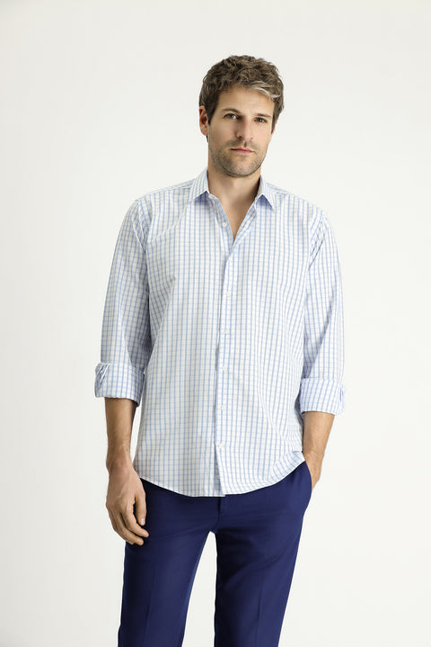 Mavi Uzun Kol Regular Fit Ekose Pamuklu Kolay Ütülenebilir Gömlek