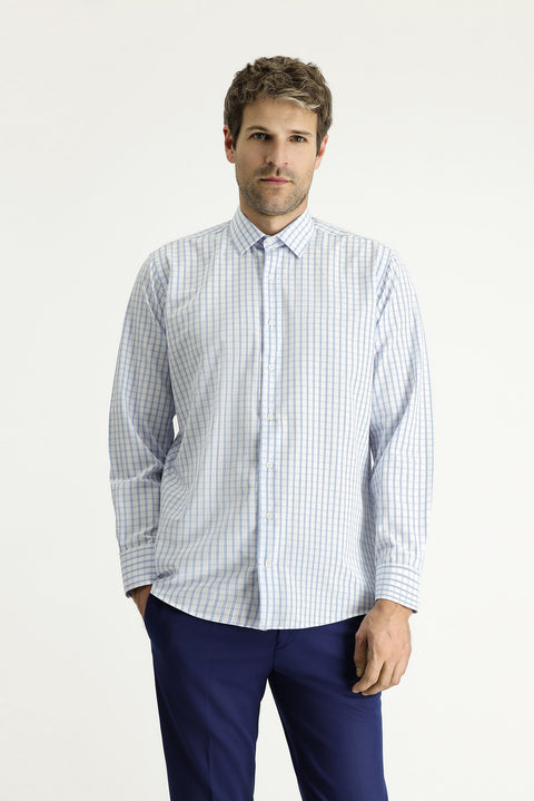 Mavi Uzun Kol Regular Fit Ekose Pamuklu Kolay Ütülenebilir Gömlek