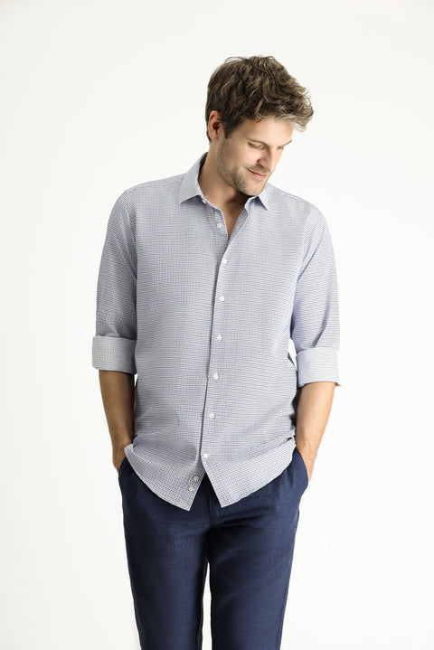 Açık Lacivert Uzun Kol Regular Fit Ekose Pamuklu Kolay Ütülenebilir Gömlek