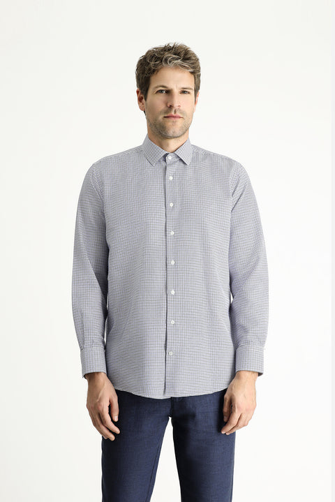 Açık Lacivert Uzun Kol Regular Fit Ekose Pamuklu Kolay Ütülenebilir Gömlek