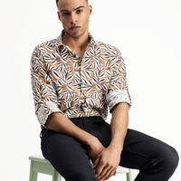 Açık Kahve  Uzun Kol Oversize Baskılı Keten Karışımlı Pamuklu Gömlek