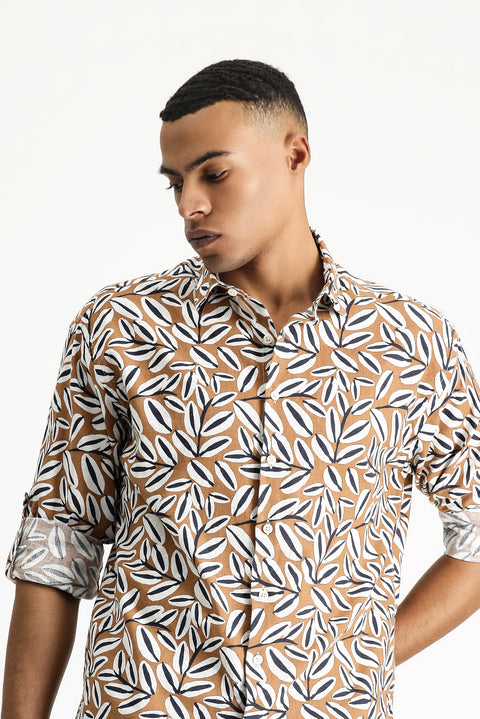 Açık Kahve  Uzun Kol Oversize Baskılı Keten Karışımlı Gömlek