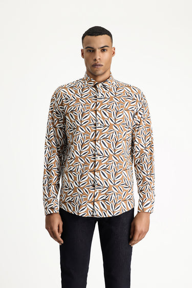 Açık Kahve  Uzun Kol Oversize Baskılı Keten Karışımlı Pamuklu Gömlek