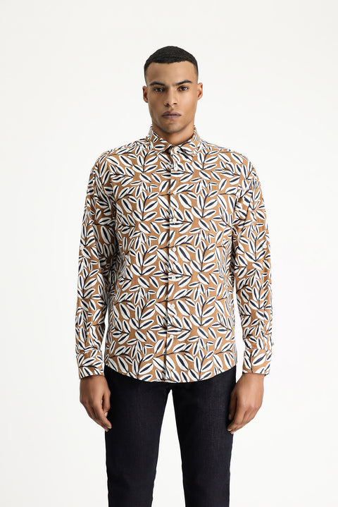 Açık Kahve  Uzun Kol Oversize Baskılı Keten Karışımlı Gömlek