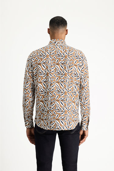 Açık Kahve  Uzun Kol Oversize Baskılı Keten Karışımlı Pamuklu Gömlek