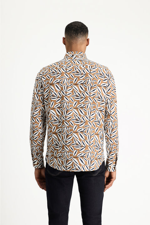 Açık Kahve  Uzun Kol Oversize Baskılı Keten Karışımlı Gömlek